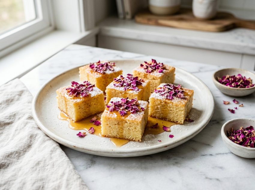 Pale golden rose petal semolina squares with dried pink petals and honey on white marble
