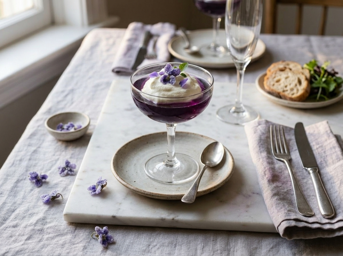 Single serving of violet jelly with soft whipped cream and a spoon on a ceramic plate in natural light