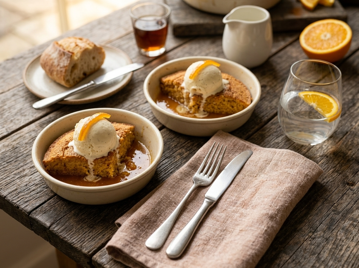 Two bowls of warm orange cinnamon pudding cake with vanilla ice cream and candied orange peel on a wooden table.