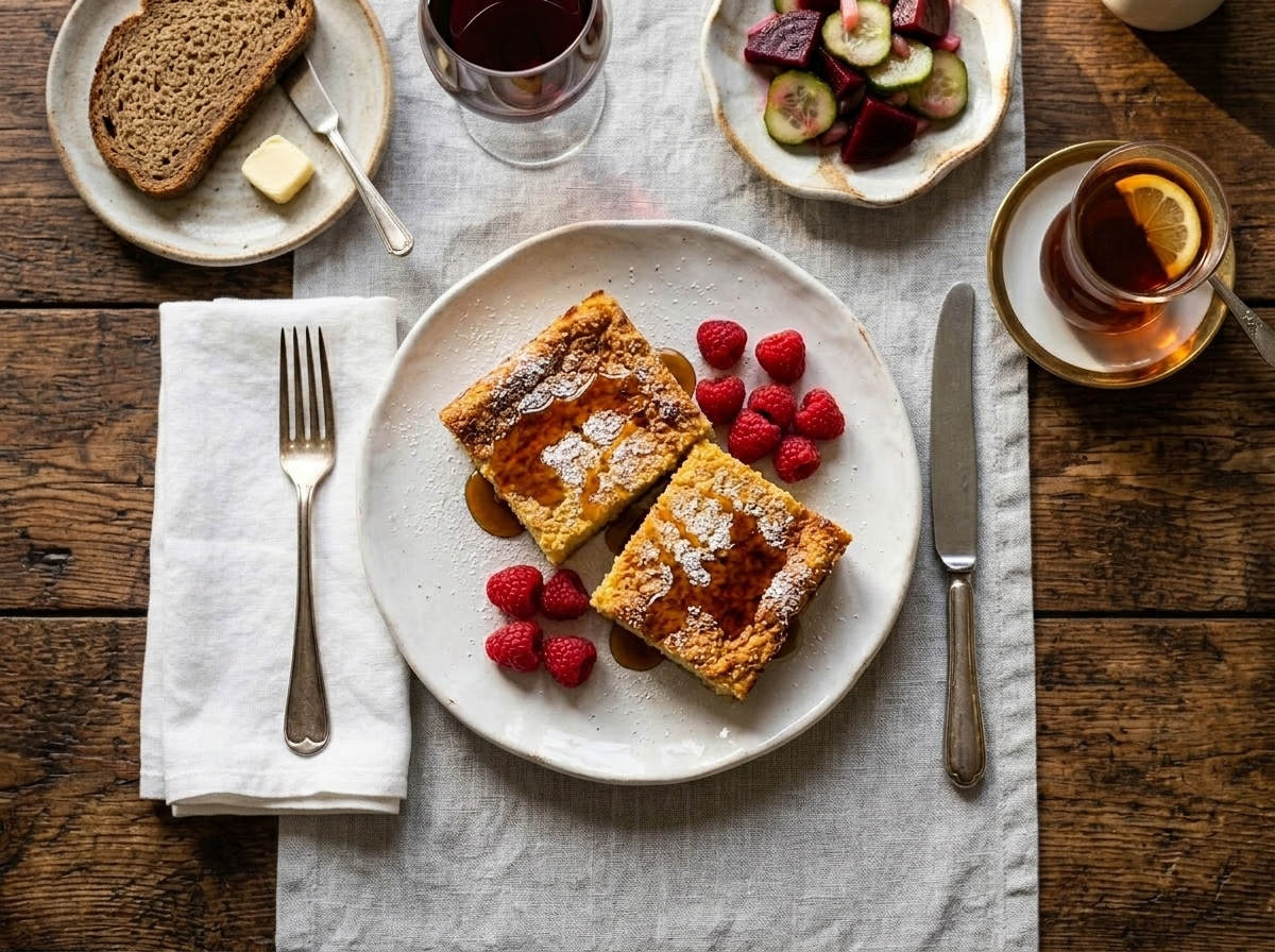 Two slices of kasza jaglana zapiekana with honey drizzle and fresh raspberries on a ceramic plate
