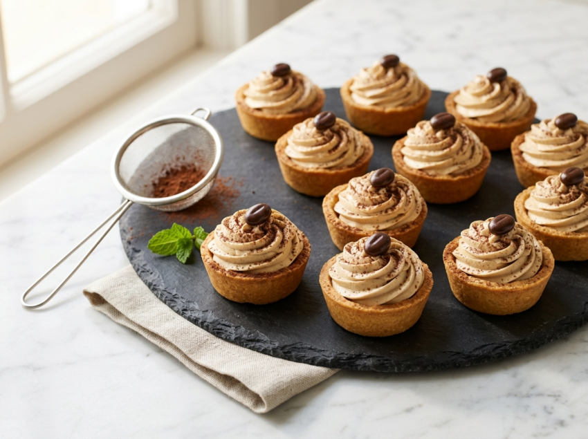Twelve espresso cream tart bites on a dark slate board dusted with cocoa powder and topped with espresso beans