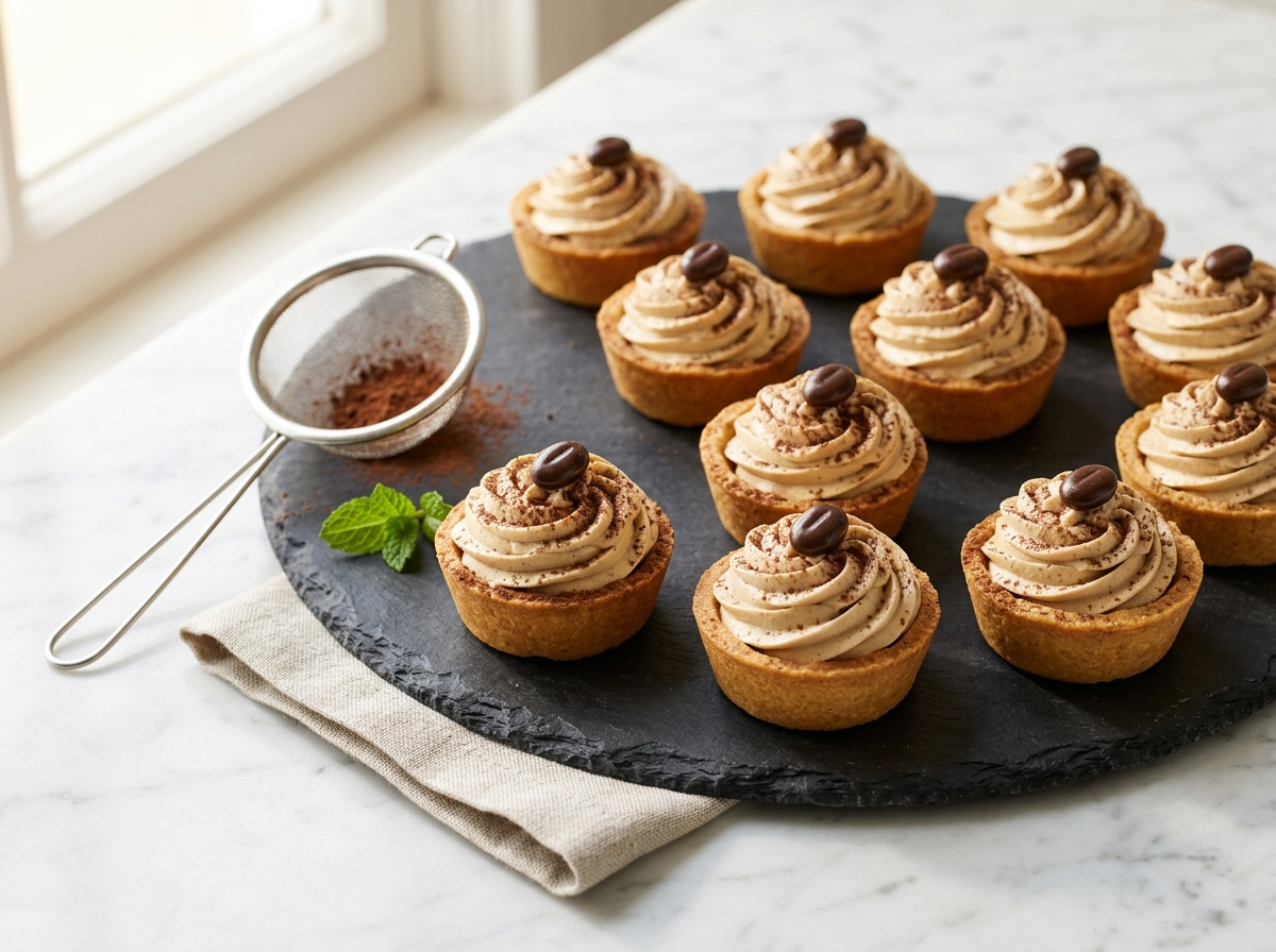 Twelve espresso cream tart bites on a dark slate board dusted with cocoa powder and topped with espresso beans
