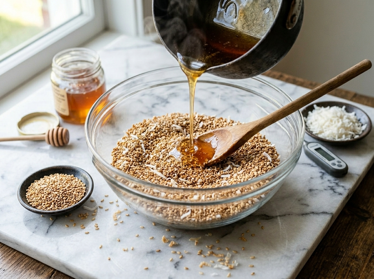 Hot amber sugar syrup poured over toasted sesame seeds and desiccated coconut in a heatproof bowl