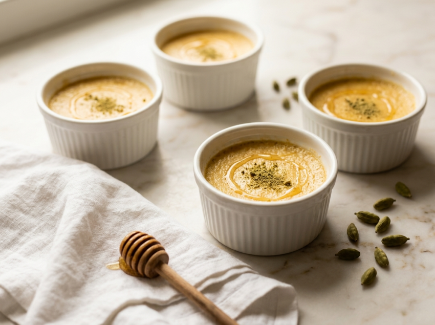 Four white ramekins of honey cardamom baked custard on marble, one drizzled with honey and dusted with cardamom