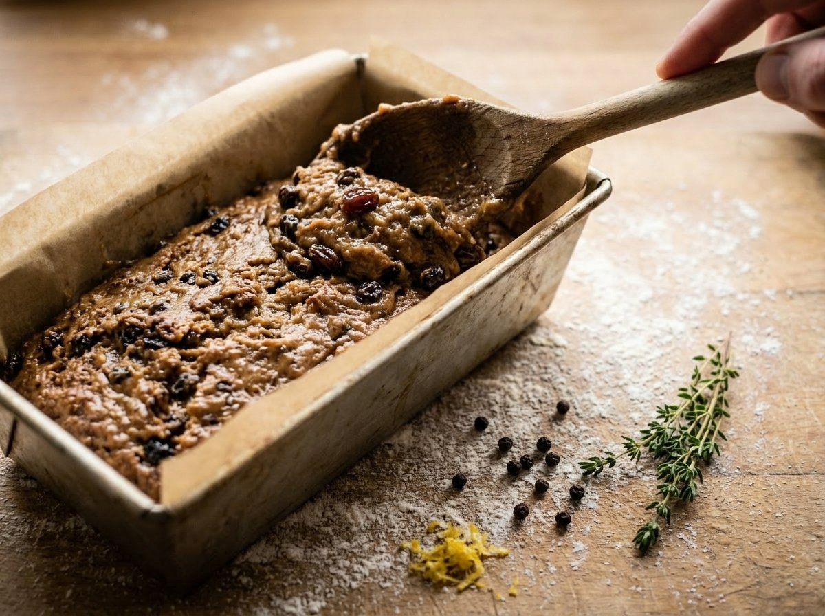 Thick speckled bara brith batter with dried fruit being spooned into a parchment-lined loaf tin