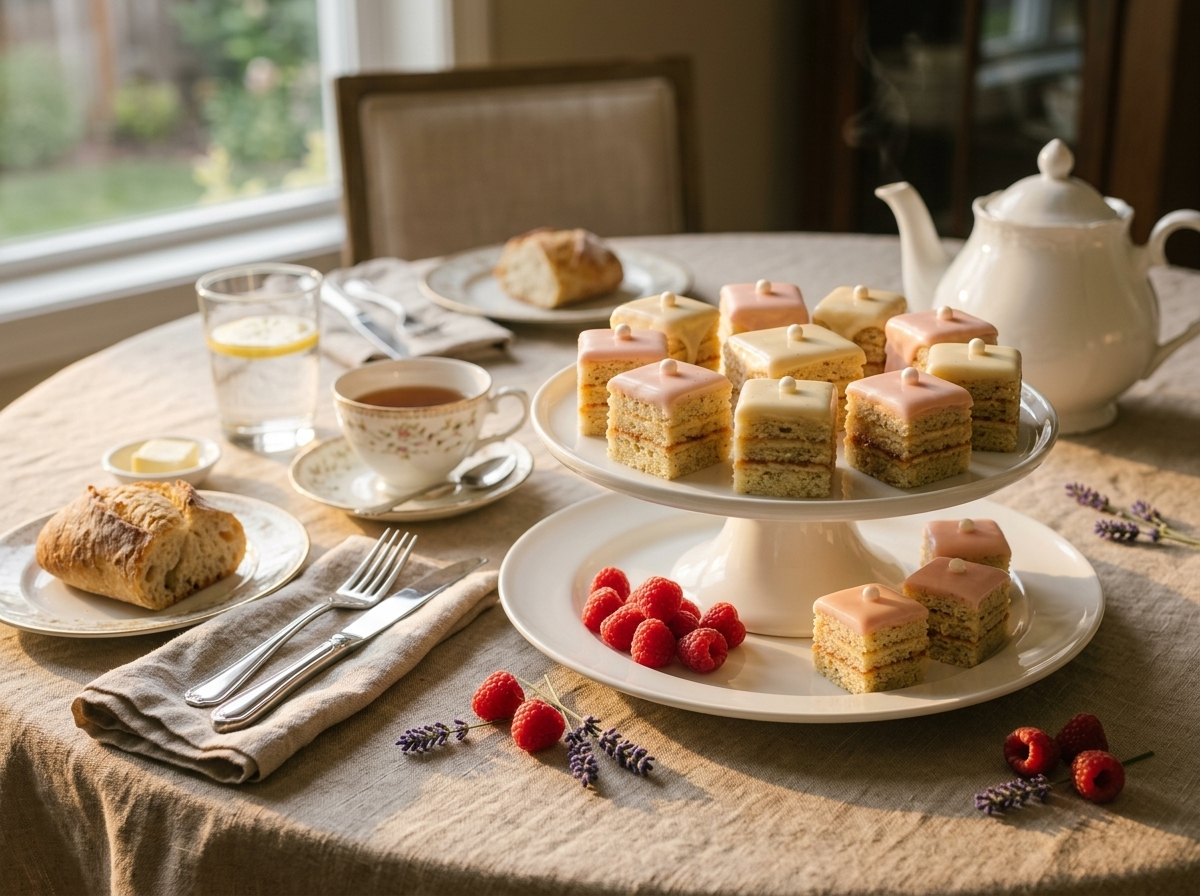 Pastel vanilla bean petit fours on a cake stand beside a white teapot and scattered raspberries on a linen table
