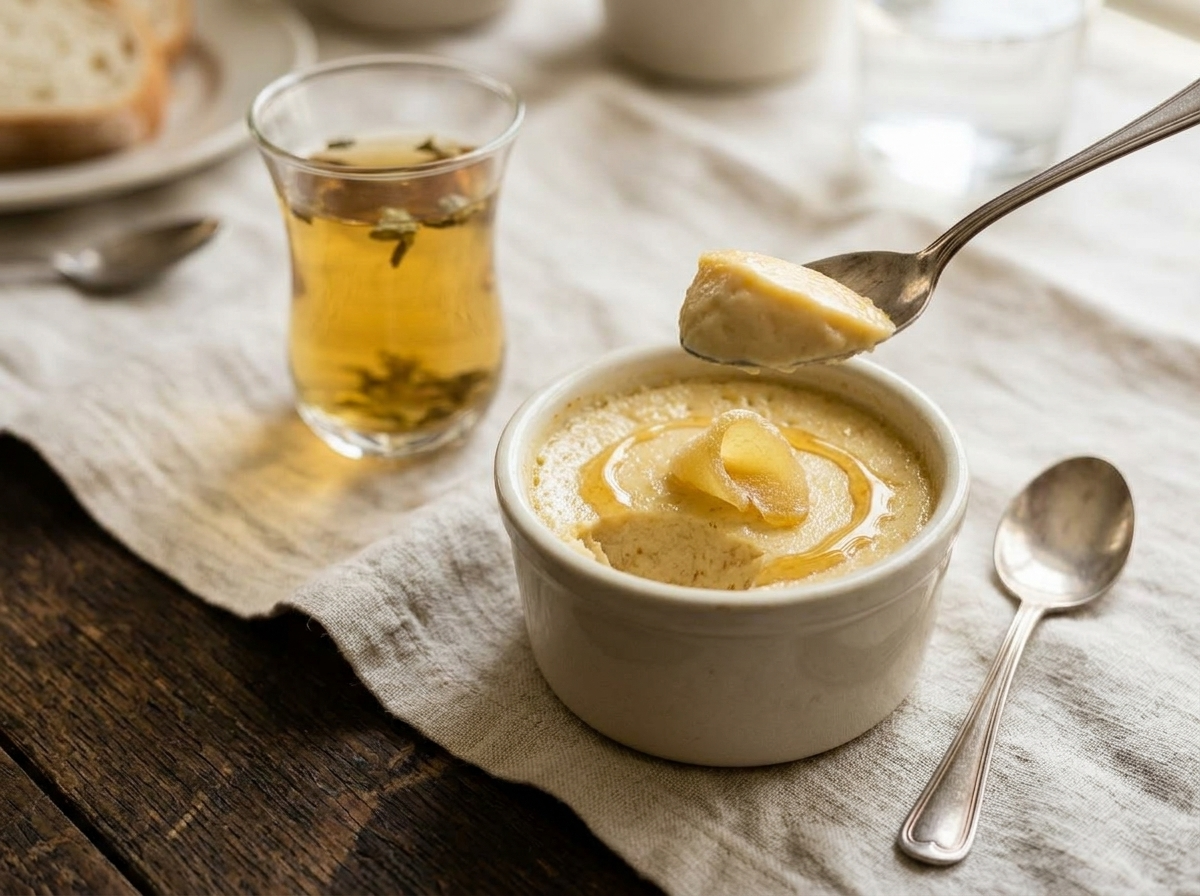 Single ramekin of chilled ginger coconut custard topped with candied ginger and honey, served with jasmine tea