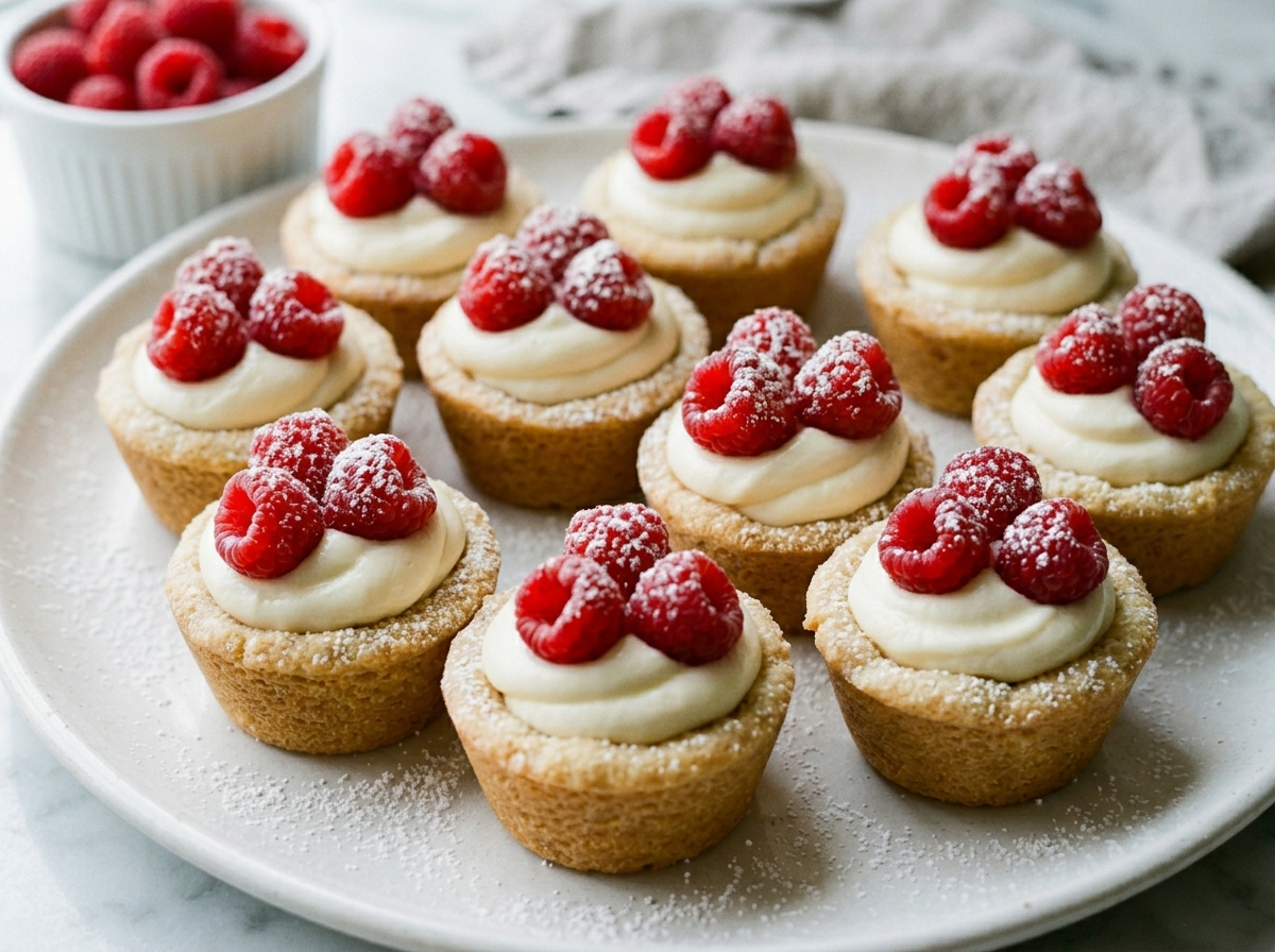 Raspberry cream cookie cups with whipped cream cheese filling and fresh raspberries on a white plate, dusted with powdered sugar