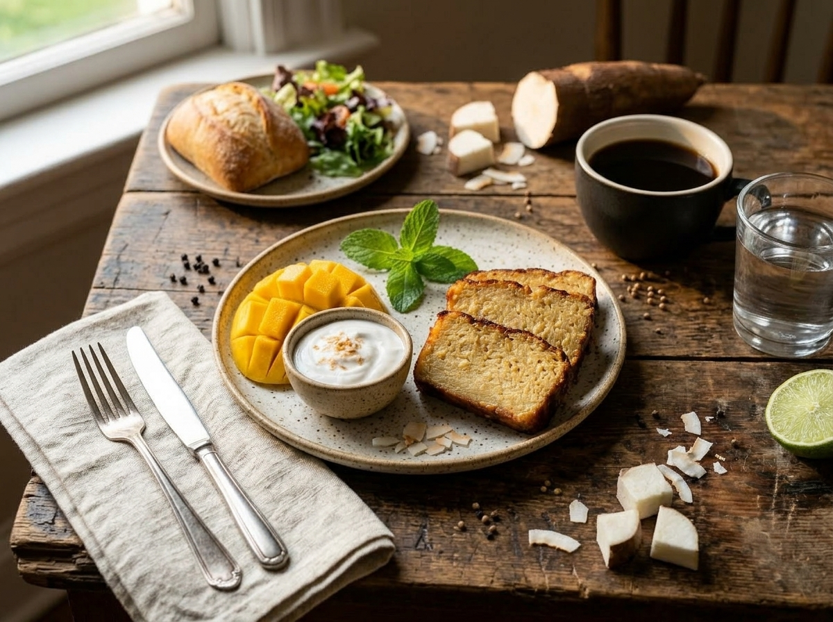 Two cassava sugar loaf slices on a ceramic plate next to a cup of black coffee on a wooden table