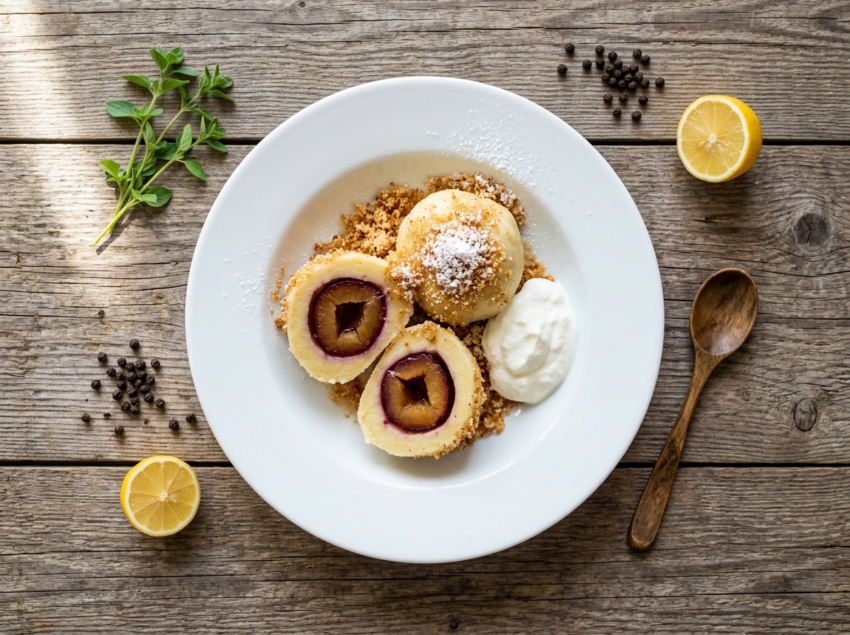 Slovak plum dumplings with toasted breadcrumbs and powdered sugar, one cut open to show whole plum inside