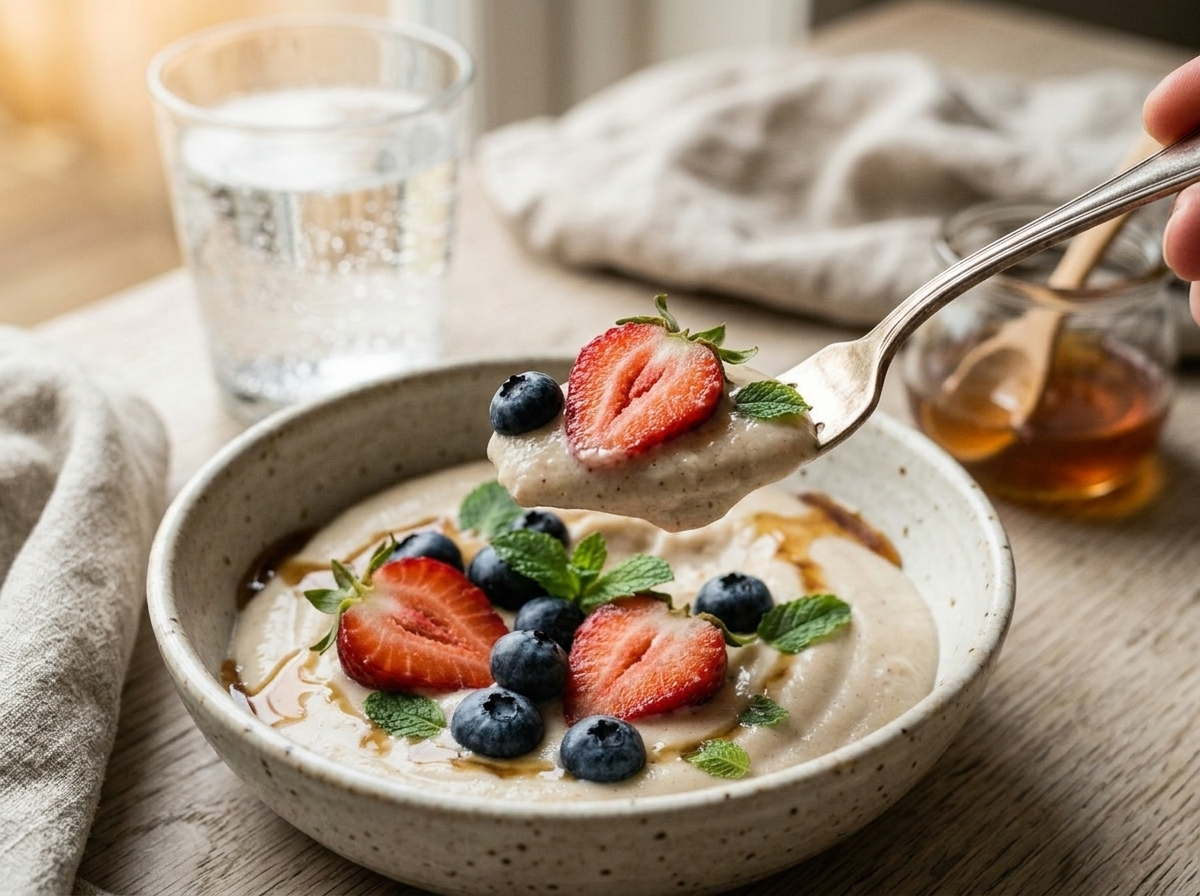 Single Estonian kama kefir bowl with fresh berries and honey drizzle on a wood dining table in natural light