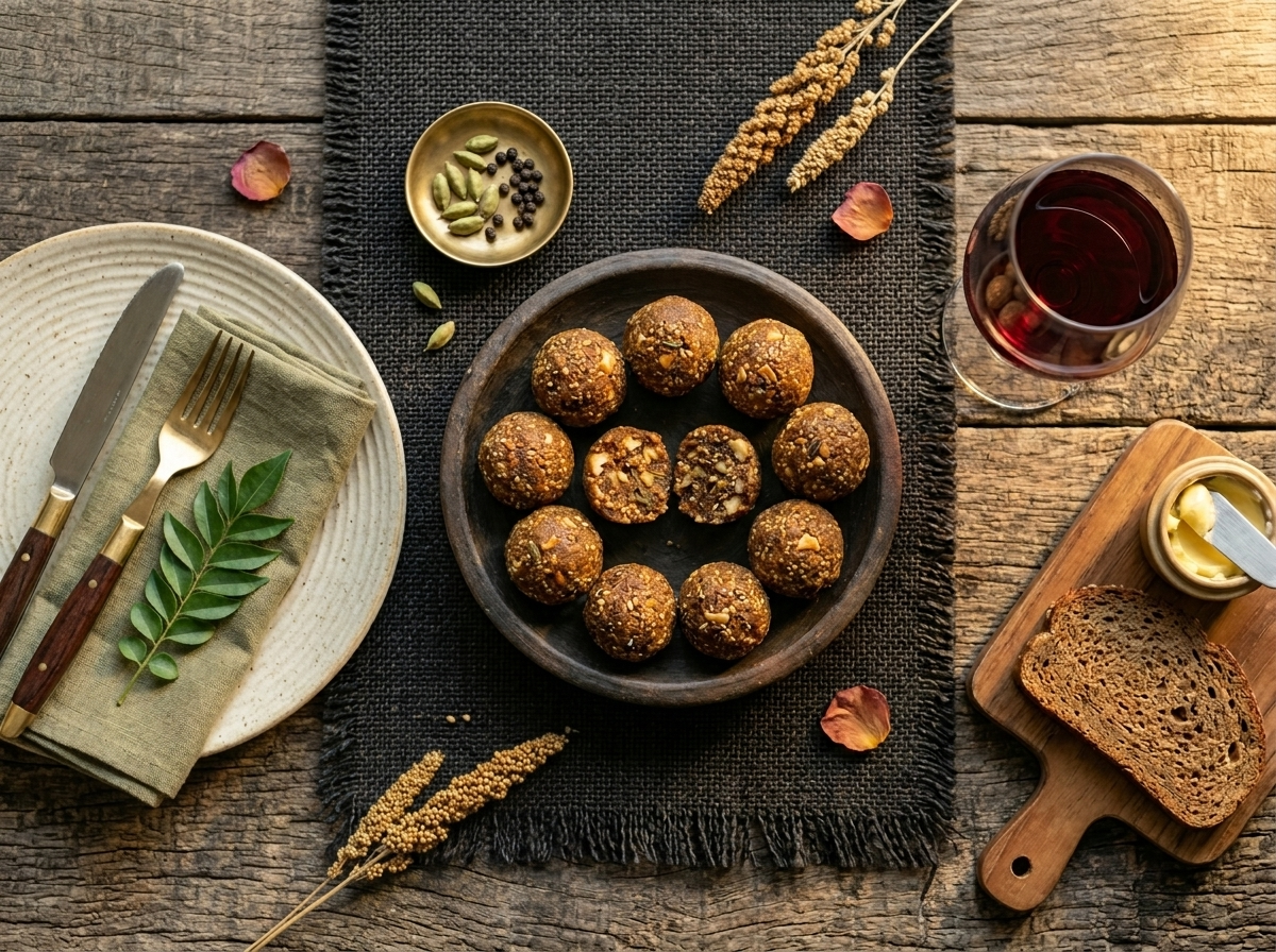 Four millet jaggery laddoos in a white bowl beside a glass of turmeric milk on marble