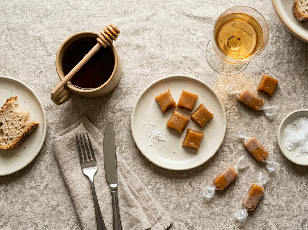 Unwrapped honey caramel squares on a white dish beside a mug of black tea on a linen-covered table