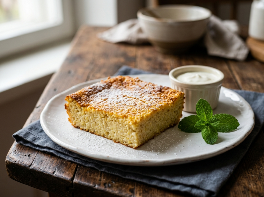 Golden Polish baked millet pudding slice on a white plate with powdered sugar and a side of sour cream