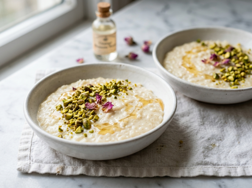 Two bowls of orange blossom rice custard with crushed pistachios, honey drizzle, and rose petals on marble