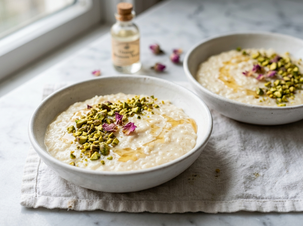 Two bowls of orange blossom rice custard with crushed pistachios, honey drizzle, and rose petals on marble