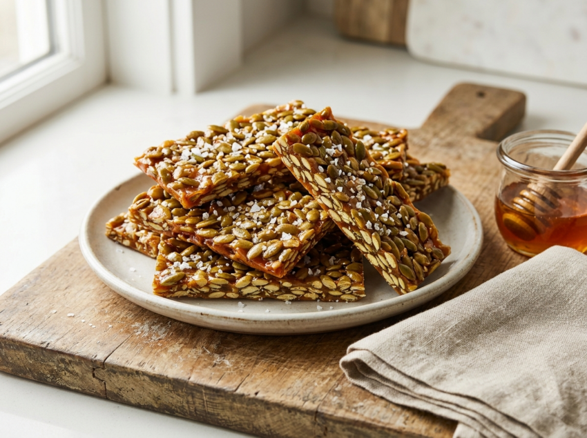 Stack of pumpkin seed brittle bars with amber caramel and flaky sea salt on a wooden board
