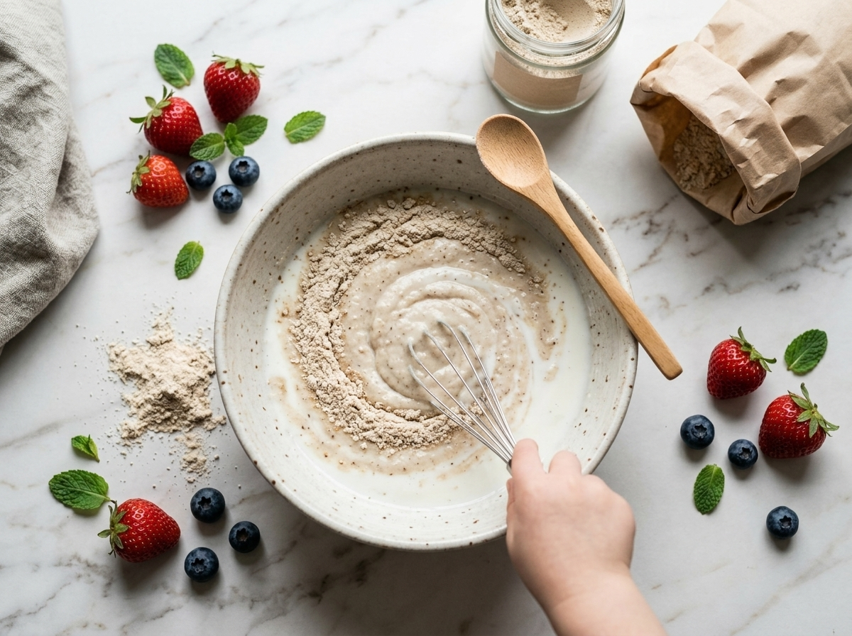 Kama flour being whisked into cold kefir in a ceramic bowl on a marble countertop