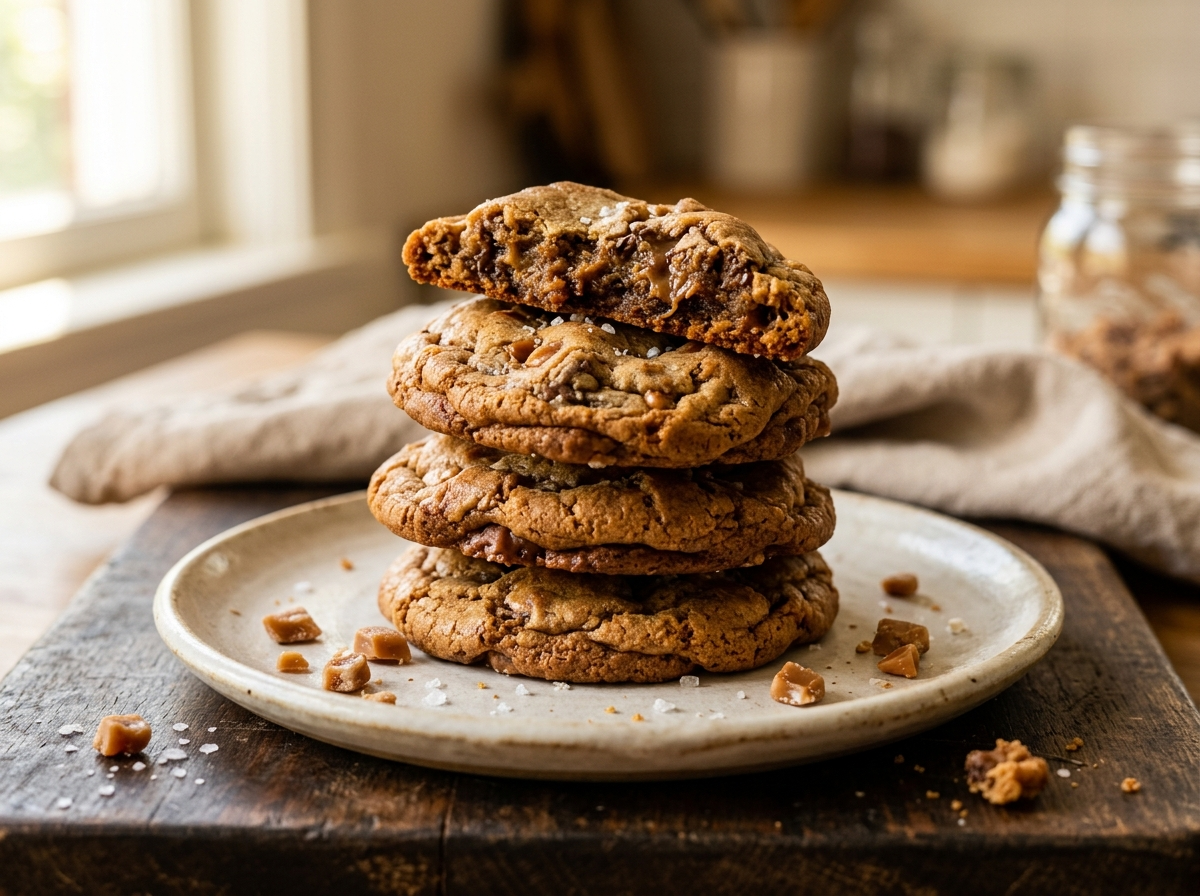 Stack of brown butter toffee cookies on a wooden board, one broken open showing chewy toffee-studded interior