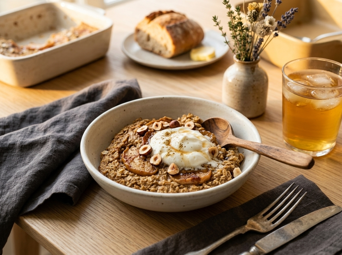 Bowl of Nordic baked apple porridge topped with skyr, maple syrup, and toasted hazelnuts on a linen napkin