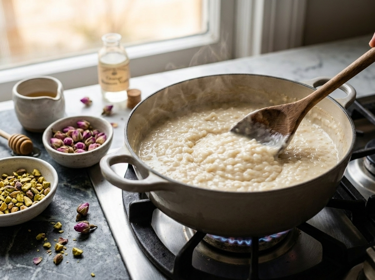 Wooden spoon stirring thick creamy rice custard in a saucepan with visible steam and rice grains