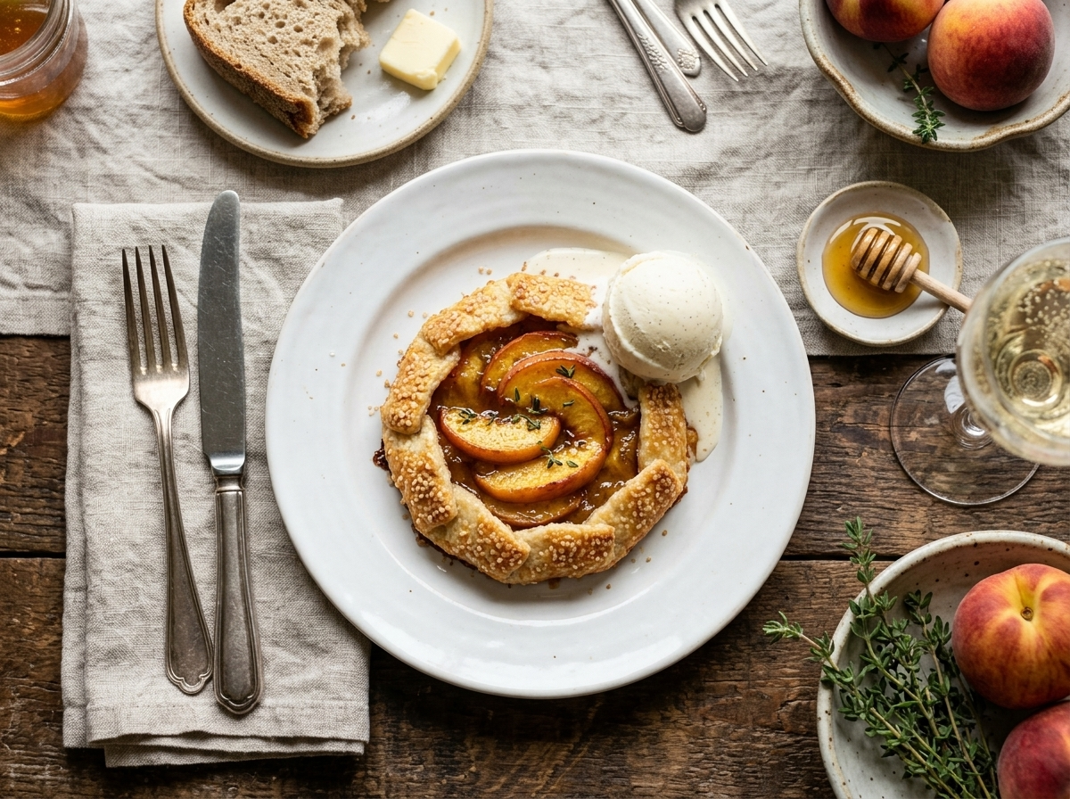 Single mini peach galette on a white plate topped with melting vanilla ice cream and a thyme sprig