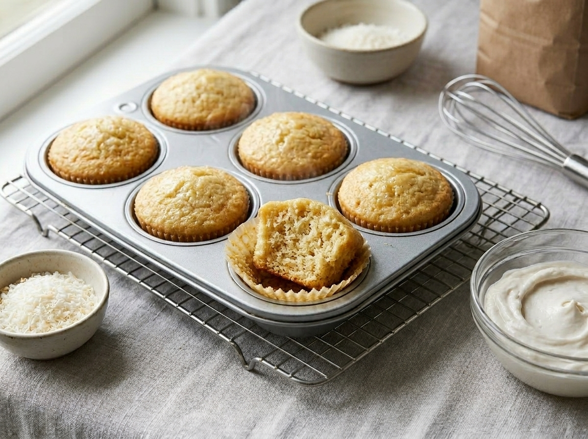 Freshly baked small batch coconut cupcakes in a silver muffin tin with golden domed tops just out of the oven