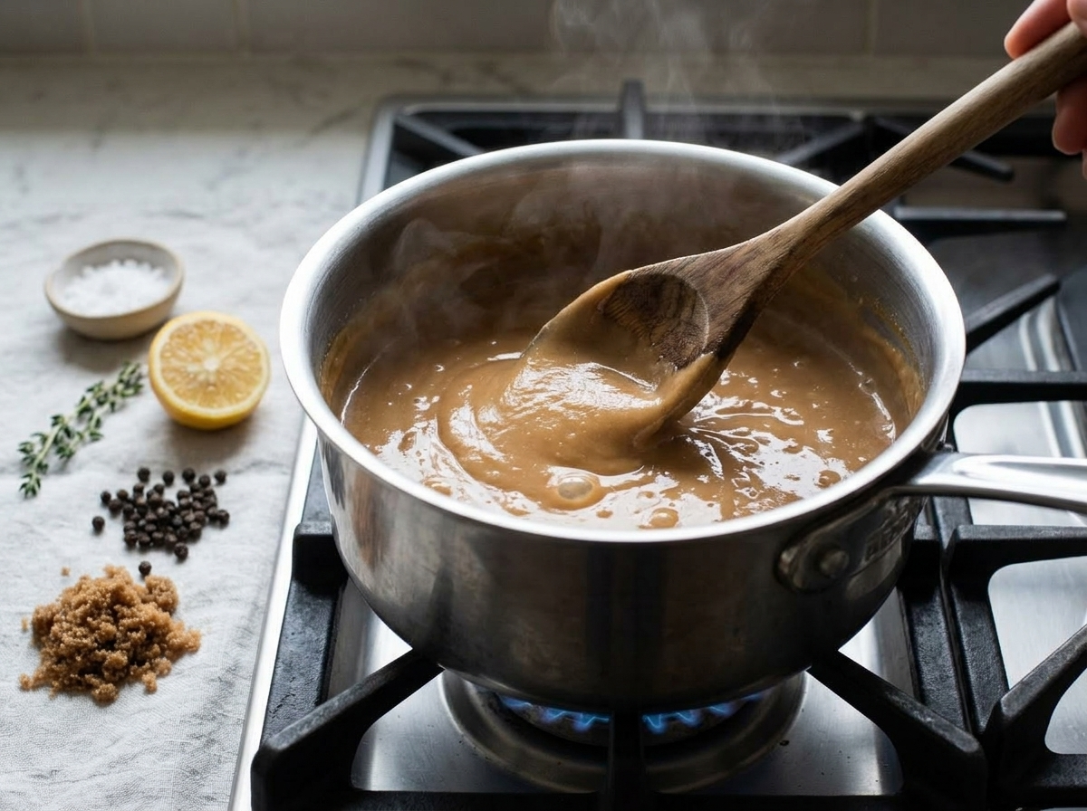 Thick brown sugar milk pudding being stirred in a saucepan with a wooden spoon over stovetop heat