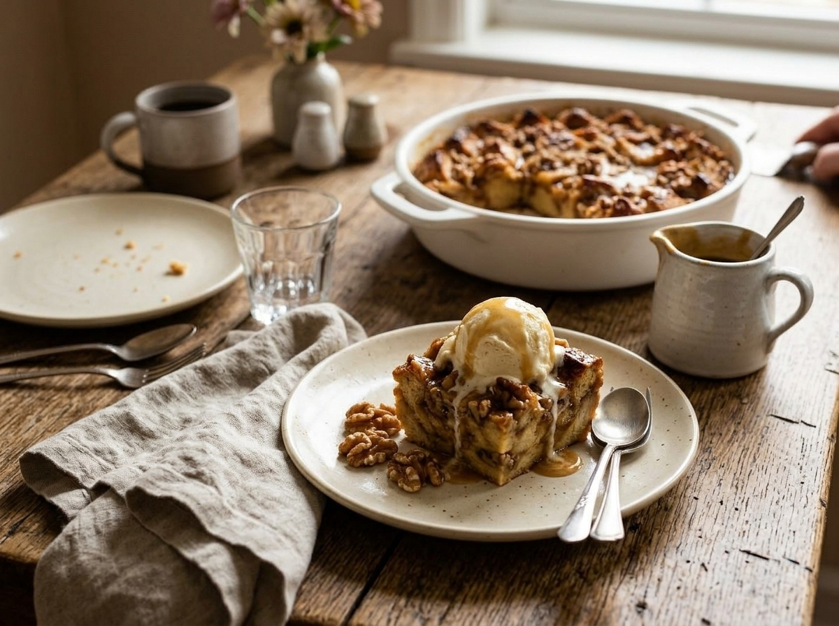 Single slice of caramel walnut bread pudding topped with melting vanilla ice cream and extra caramel drizzle