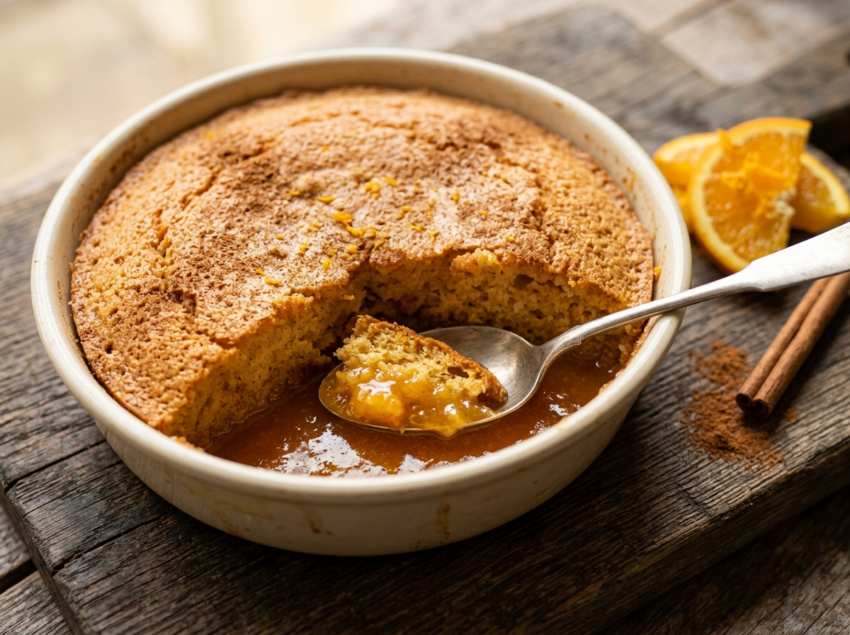 Orange cinnamon pudding cake in a ceramic dish with glossy citrus sauce visible beneath the golden sponge.