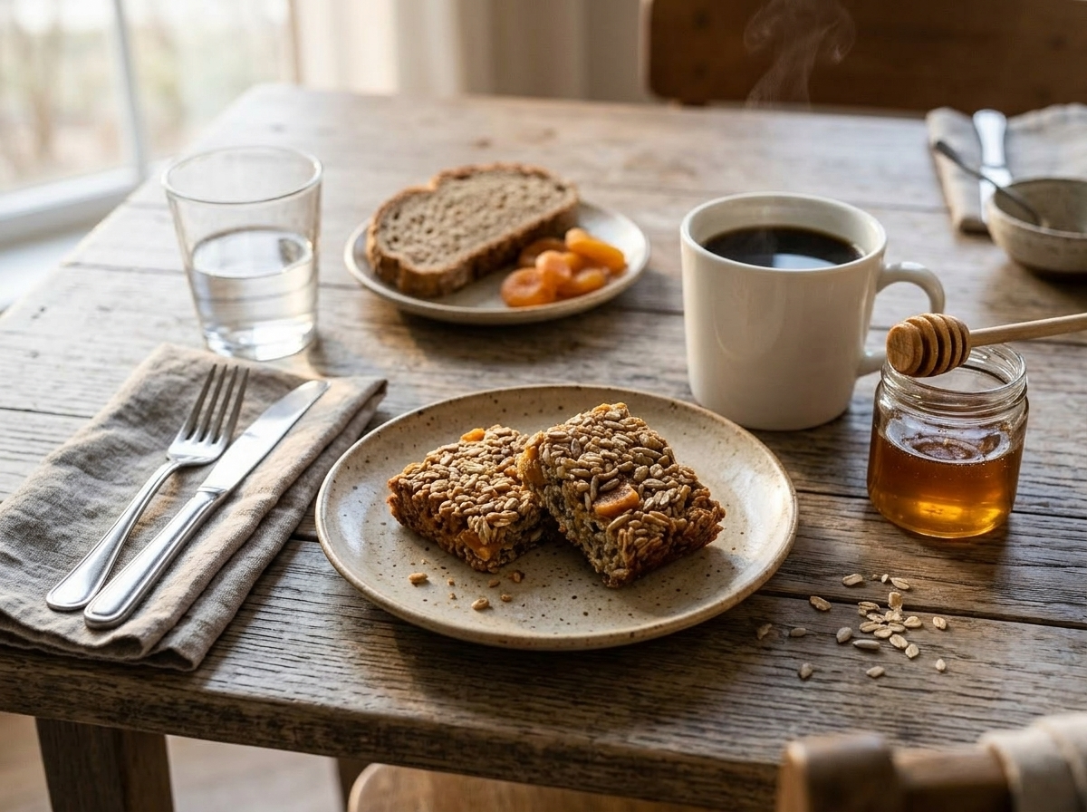 Two spelt honey bars on a ceramic plate beside a black coffee mug on a marble surface