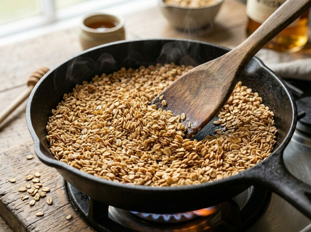 Pinhead oatmeal toasting in a dry cast iron pan, stirred with a wooden spoon until golden brown