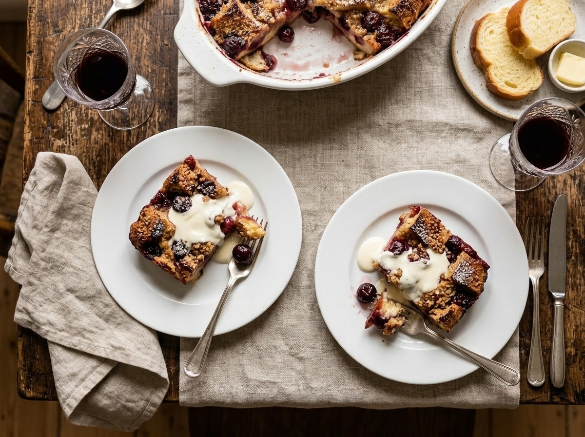 Plated slice of Alpine cherry bread bake with melting creme fraiche and a visible sour cherry on the fork