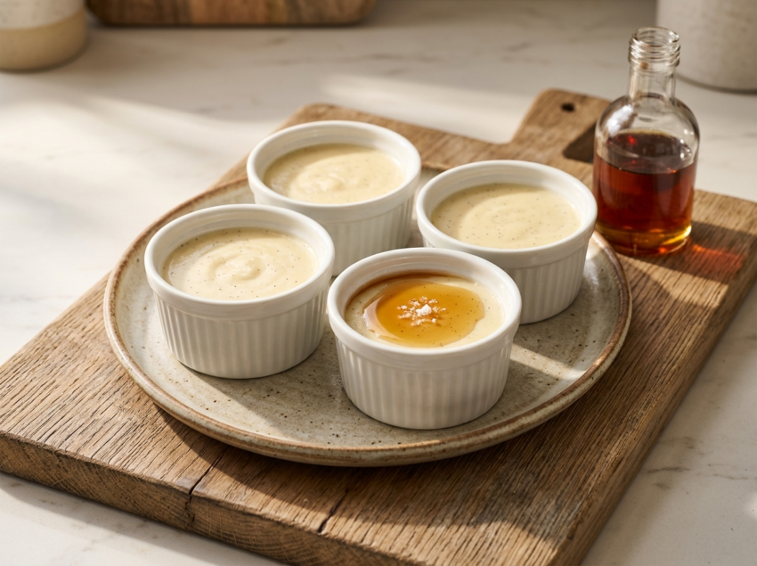 Four white ramekins of maple vanilla bean pudding with visible vanilla flecks and maple syrup drizzle on a wooden board