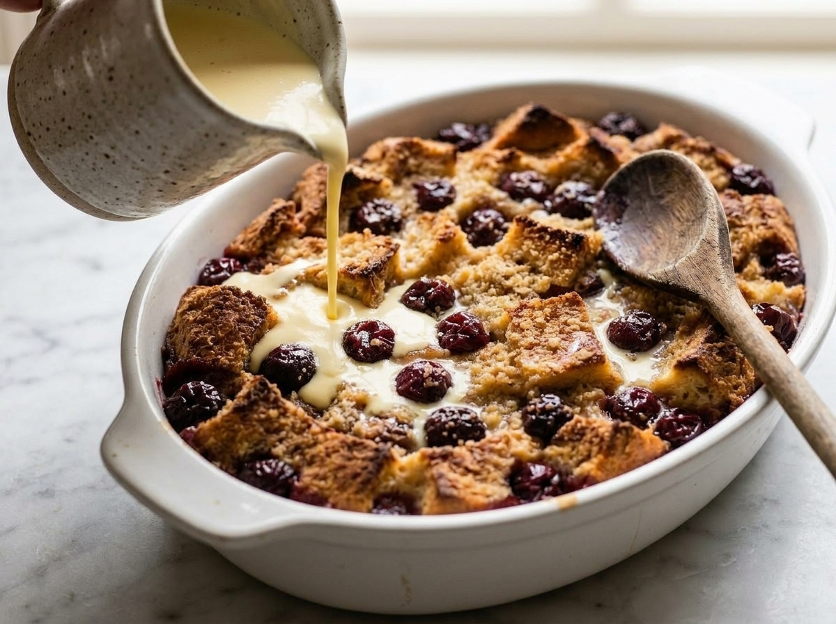 Egg custard being poured over layered bread and sour cherries in a buttered baking dish before baking