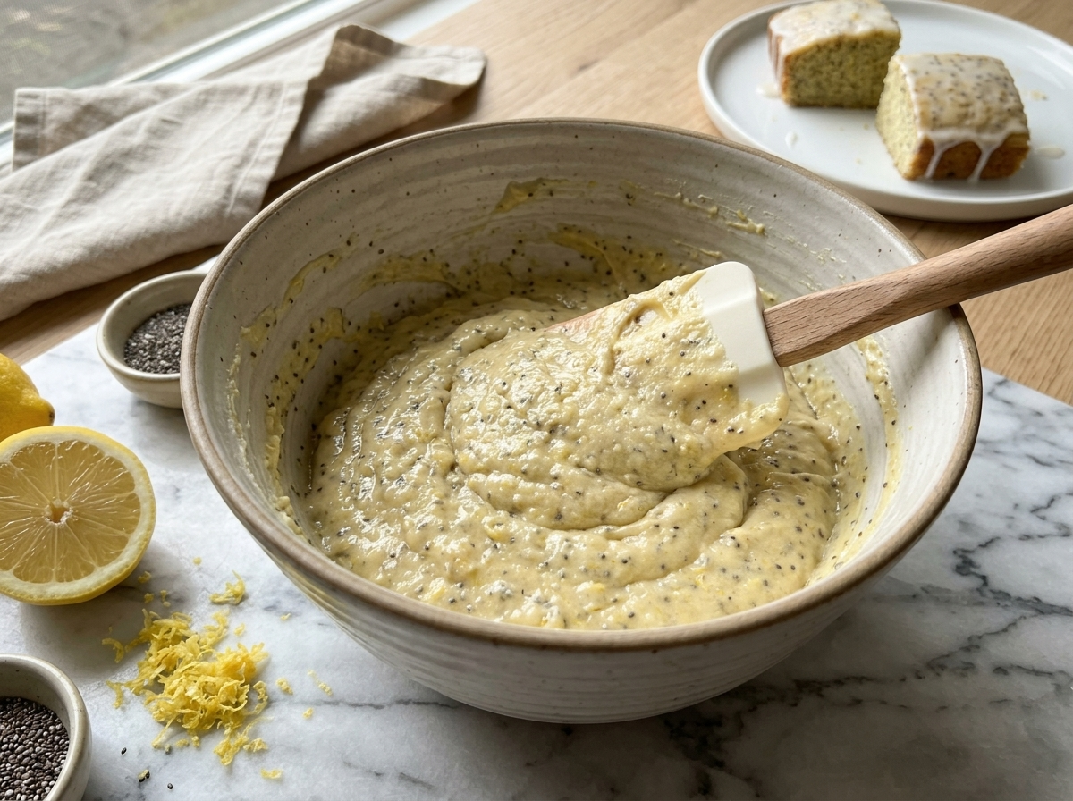 Rubber spatula folding chia lemon batter with visible zest and chia seeds in a ceramic mixing bowl.