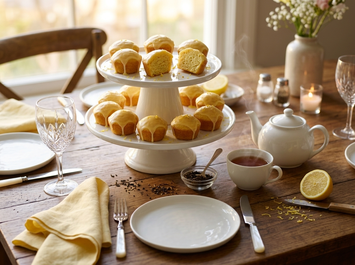 Mini lemon tea cakes on a tiered white stand with a pot of Earl Grey tea and fresh lemon on a wooden table
