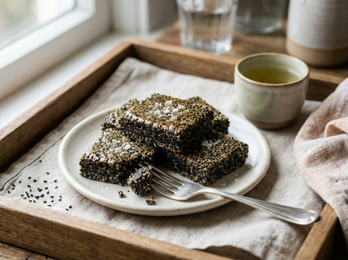 Black sesame honey squares arranged on a linen tray beside a small cup of green tea