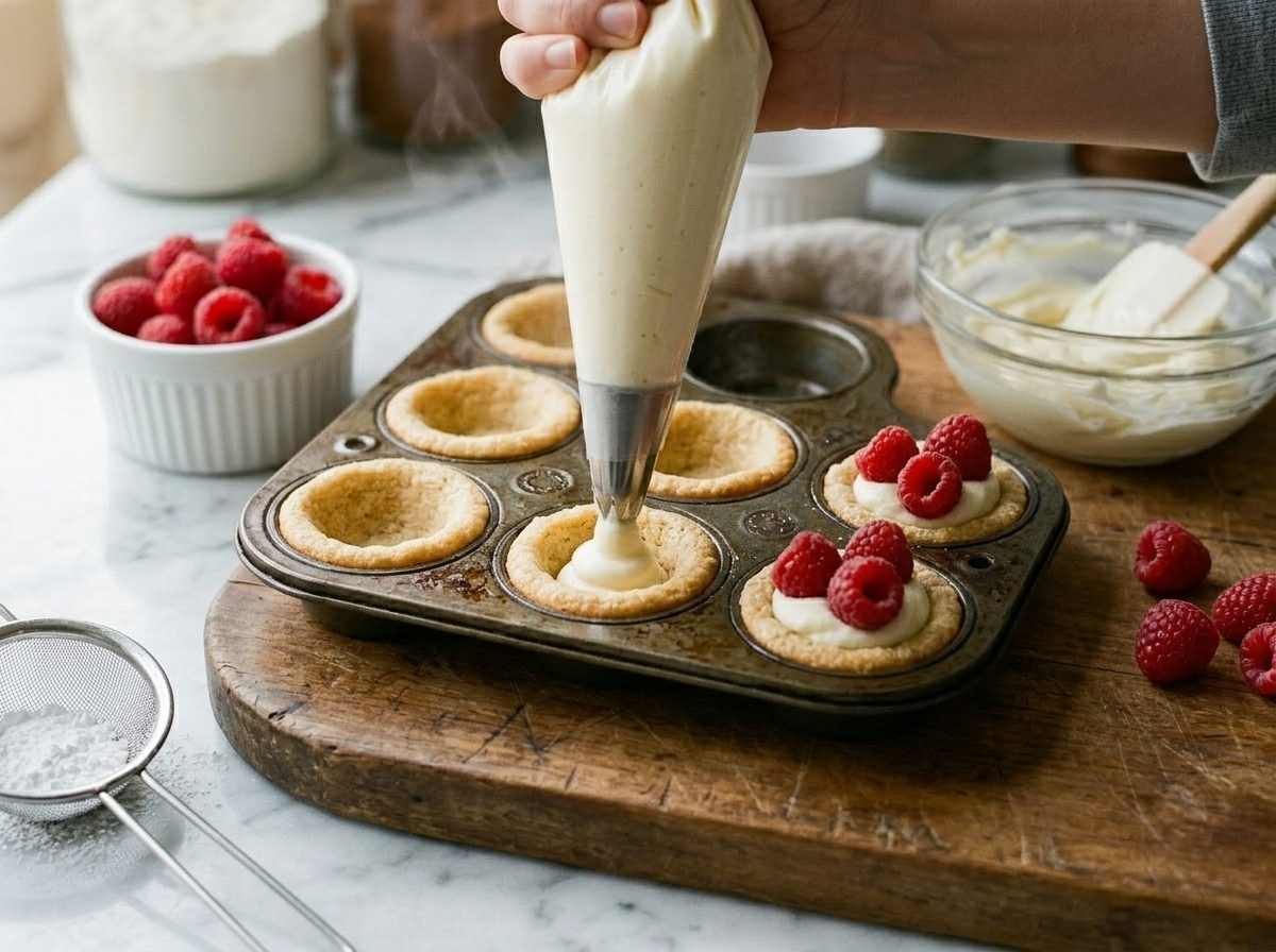 Piping cream cheese filling into golden baked mini cookie cups in a muffin tin on a wooden board