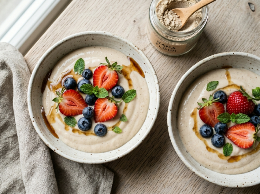 Two ceramic bowls of Estonian kama dessert with kefir, strawberries, blueberries, and dark honey drizzle on wood
