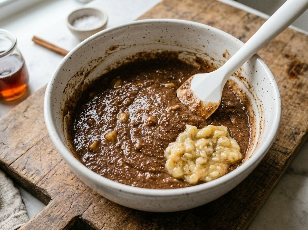Dark teff banana muffin batter being folded with a rubber spatula in a ceramic bowl on a marble surface