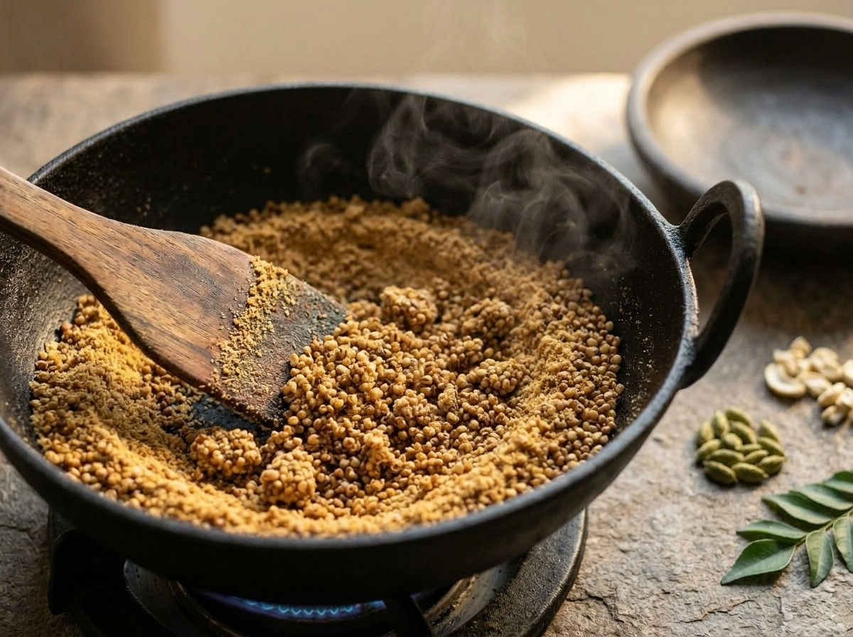 Millet flour toasting in a cast iron kadai with a wooden spatula on a stovetop