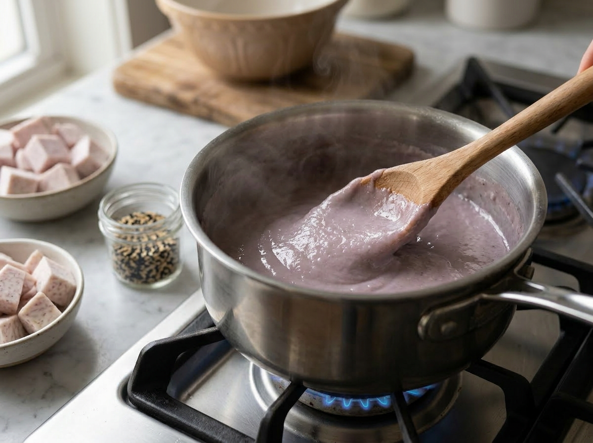 Stirring thick purple taro and coconut milk pudding mixture in a saucepan until glossy and spoon-coating
