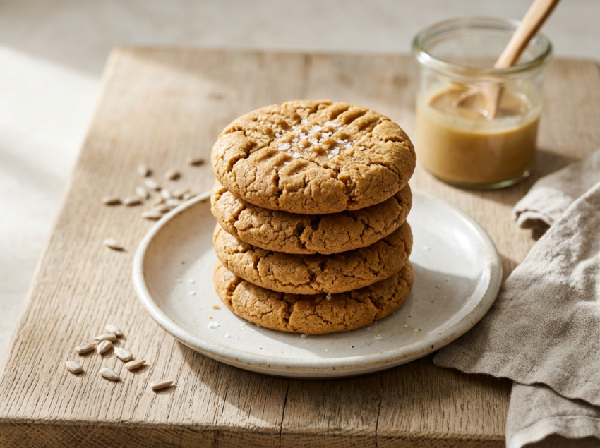 Stack of sunflower tahini cookies with fork crosshatch marks and flaky sea salt on a white plate, wooden surface