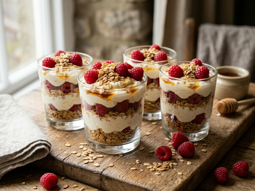 Scottish cranachan cream dessert in glass tumblers with raspberries, toasted oats, and honey drizzle on a wooden board
