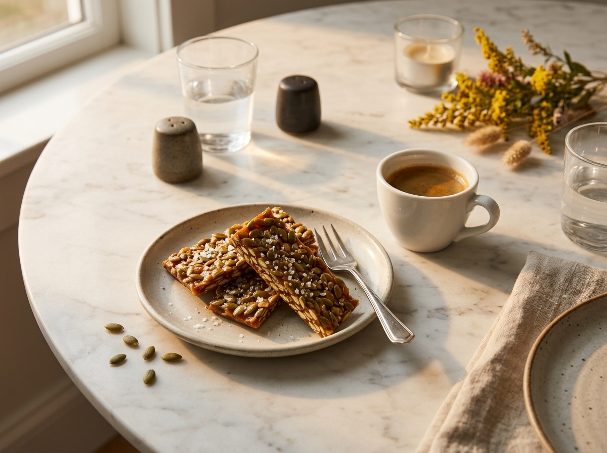 Three pumpkin seed brittle bars on a ceramic plate next to an espresso cup on marble