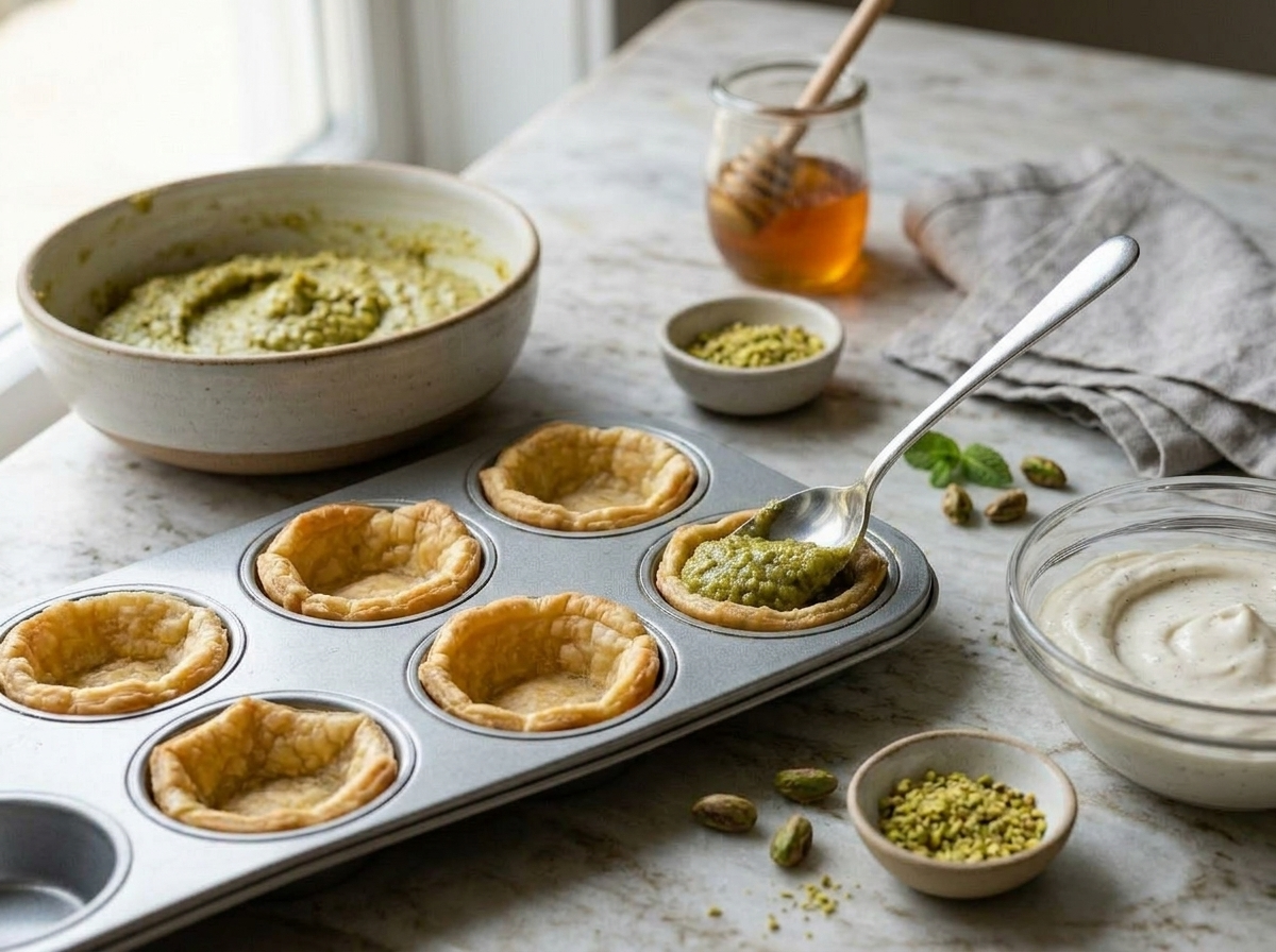 Spooning pistachio frangipane into pre-baked pastry shells in a metal mini tartlet pan on a wooden table.