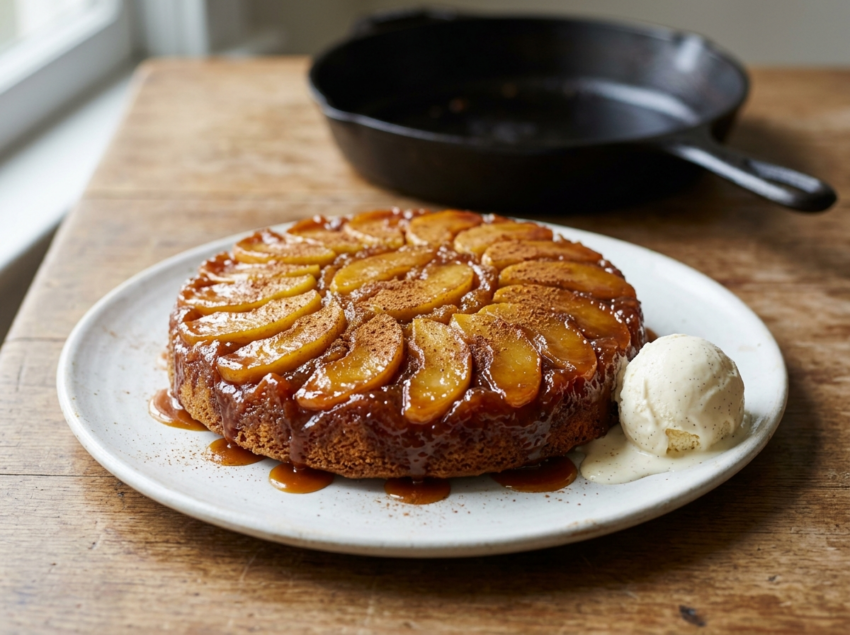 Toffee apple skillet cake inverted on a plate showing caramelized apple slices and glossy toffee layer