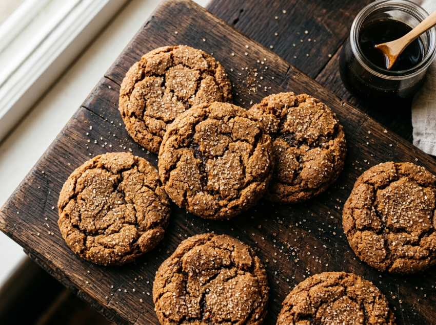 Batch of sorghum molasses cookies with crinkled sugar tops and deep amber color on a dark wooden board