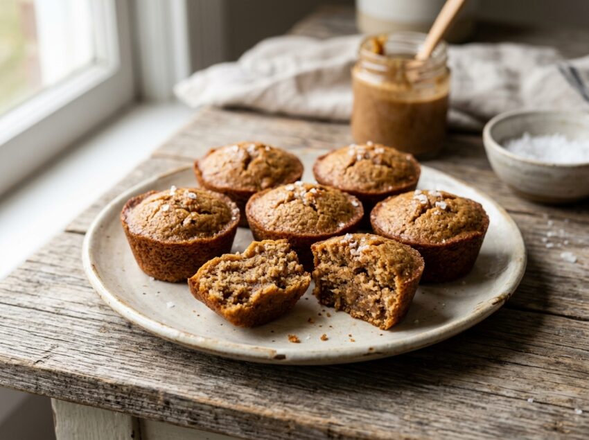 Six golden mini almond butter cakes on a wooden board, two broken open showing fudgy interior, flaky salt on top